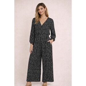 London Style Collection Black White Grid Print Tie Back Jumpsuit size 14 Large